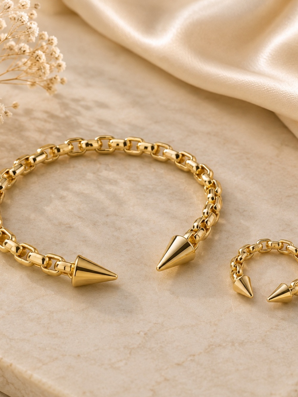 14K Gold Filled Link Cuff Bracelet and ring set with Spike Ends - Adjustable